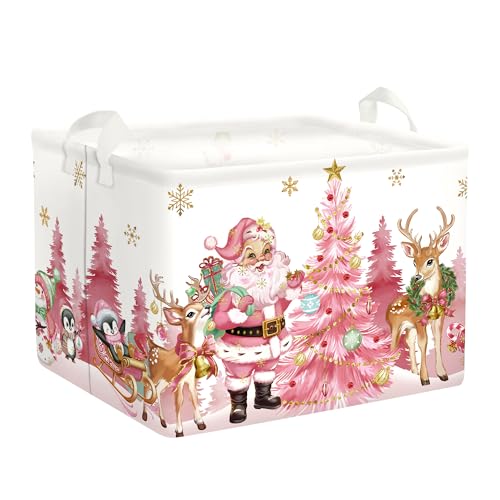 Pink Santa Claus Baby Laundry Hamper Christmas Clothes Kids Storage Basket Large Poinsettia Reindeer Sleigh Snowflake Girls Gift Toy Box Bin, Tree, 36L