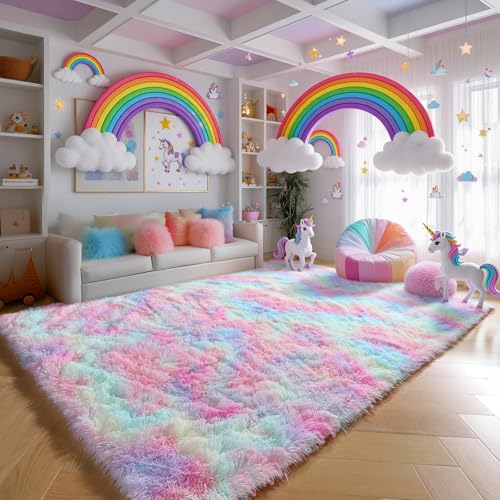 8x10 Rainbow Area Rug - Pastel Plush Carpet for Bedroom Girls - Non-Slip