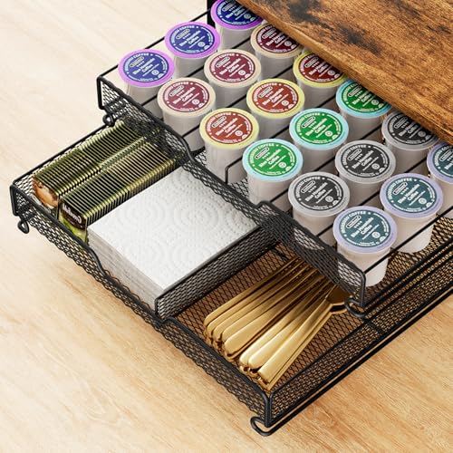 Coffee Station Organizer with Mug Hooks and 4-Tier Pod Storage - Countertop Coffee Bar
