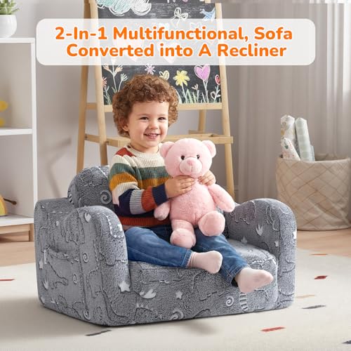 MeMoreCool Gray Glow in the Dark Dinosaur Kids Couch & Bed, Fold-Out Toddler Sofa