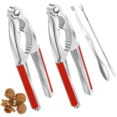 Nut Cracker 2-Pack Stainless Steel with Non-Slip Handle - Red, Multi-Purpose for Nuts & Shellfish (GZLT)