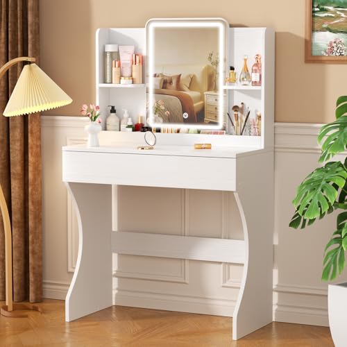 Vinabilia White Small Makeup Vanity Desk with LED Lights & Mirror - Model 1-white