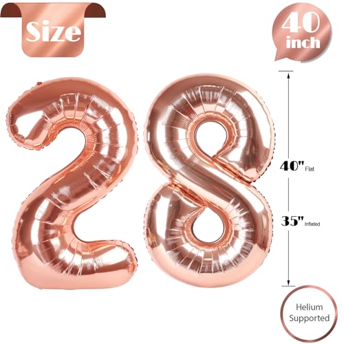 Rose Gold Number 28 Balloon 40 inch, 28 Number Balloons, 28th Birthday Decorations, 28 Year Old Women Men Rose Gold Party Supplies