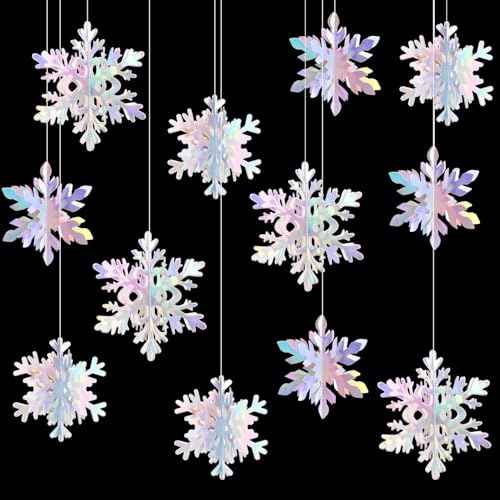 Iridescent-Holographic Snowflake-Snow Christmas Party-Decorations Garland - 12Pcs 3D Winter Wonderland Frozen Hanging Streamers Banner,Disco Birthday Baby Bridal Shower Wedding Decor Supplies Hugtmr