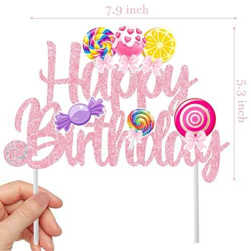 Candy Birthday Cake Topper Lollipop Birthday Party Supplies Pink Glitter Candyland Birthday Cake Decorations for Girl Candy Theme Baby Shower Birthday Party Supplies