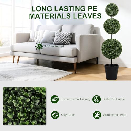 VIVATREES 3ft UV-Resistant Artificial Triple Ball Boxwood Topiary Set of 2 – Outdoor & Indoor Decor