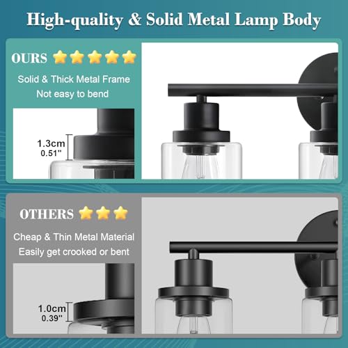 Unicozin Black 3 Light Vanity Wall Lamp with Clear Glass for Bathroom & Bedroom - Modern E26 Fixture