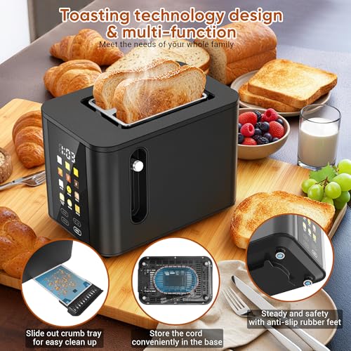 Hommater Matte Black Touch Screen 2-Slice Toaster with Digital Countdown & 6 Bread Settings
