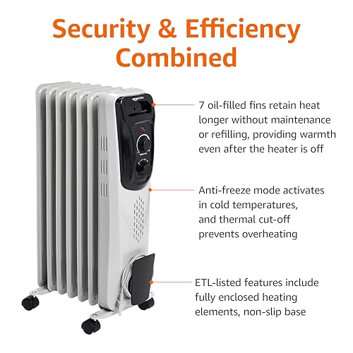 Amazon Basics Portable Oil Radiator Heater, Indoor Use, 3 Heat