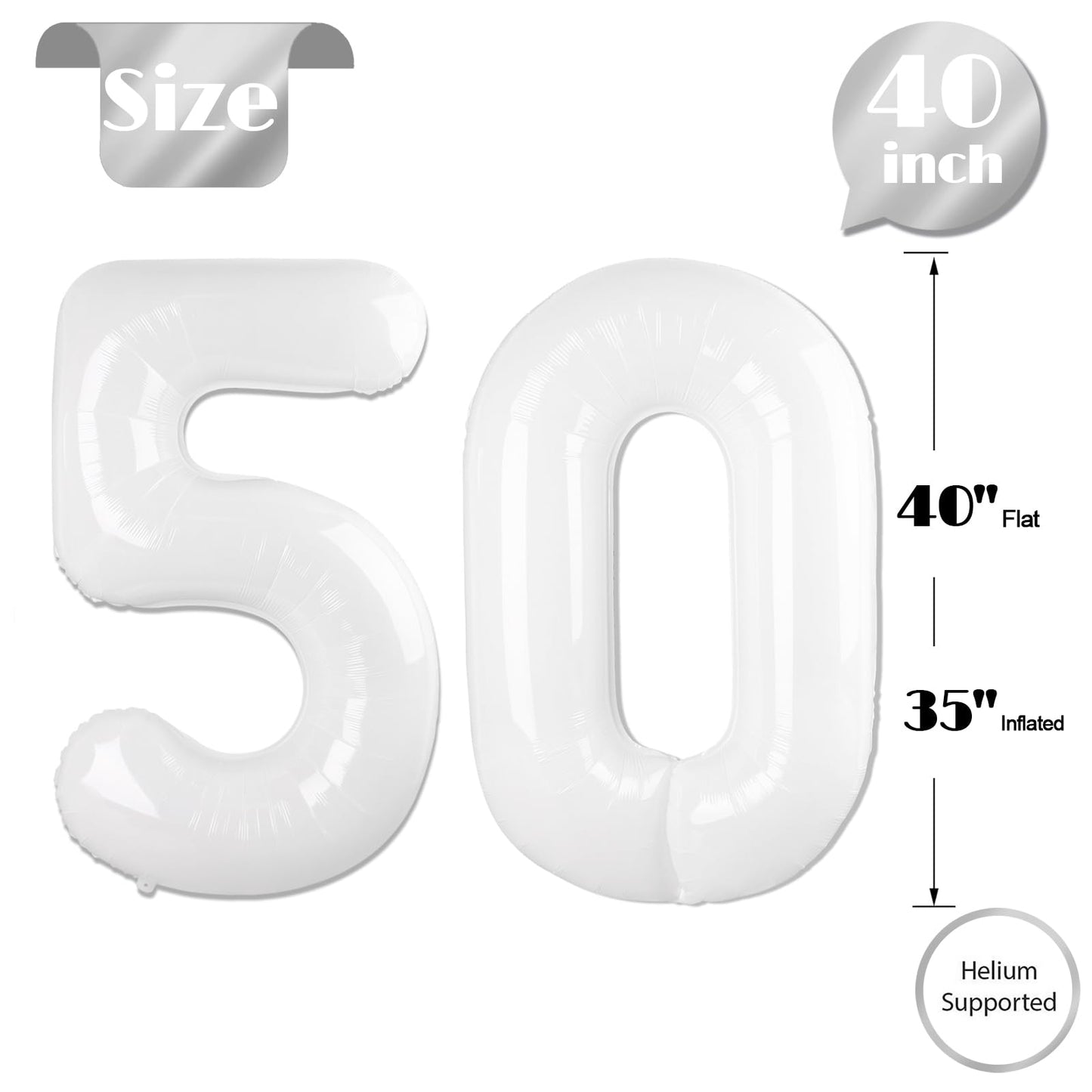White Number 50 Balloon 40 inch, Translucent 50 Number Balloons, 50th White Birthday Decorations for Women Men, 50 Year Old Party Supplies