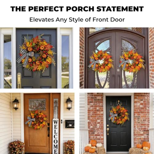 24 Inch Fall Front Door Wreath with Buffalo Check Bow & Maple Leaves | Autumn Farmhouse Decor