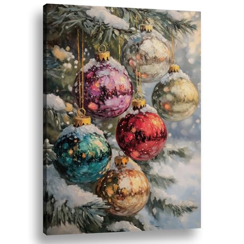 FENNIDICE Christmas Tree Canvas Wall Art 16x24 Snow Scene Winter Decor with Baubles