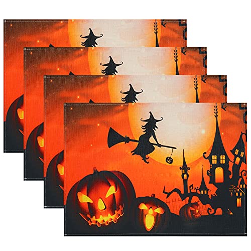Halloween Placemats Set - Washable Linen Table Mats with Pumpkins & Ghosts, 4 Pack