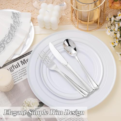 200PCS Silver Plastic Dinner and Dessert Plates Set - Disposable Party Tableware