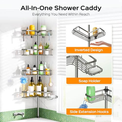 HAMITOR Silver Gray 4-Tier L-Shaped Corner Shower Organizer Tension Pole