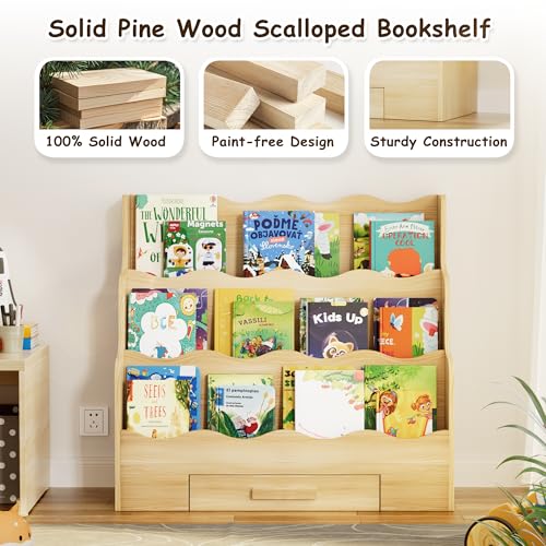 29.6-Inch Kids Montessori Scalloped Bookshelf with Drawer - Toddler Storage