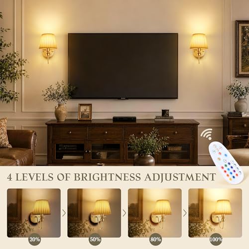 6000mAh Battery Operated Wall Sconces Set of 2 - Gold - No Wiring, Dimmable RGB Mood Lighting