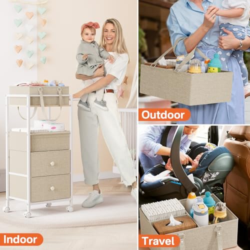 3-in-1 Baby Diaper Caddy Organizer Cart with Drawers - Off White
