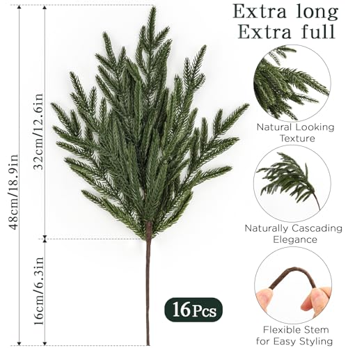 HOHOTIME 16 Pcs Christmas Norfolk Pine Branches Real Touch Decor Set