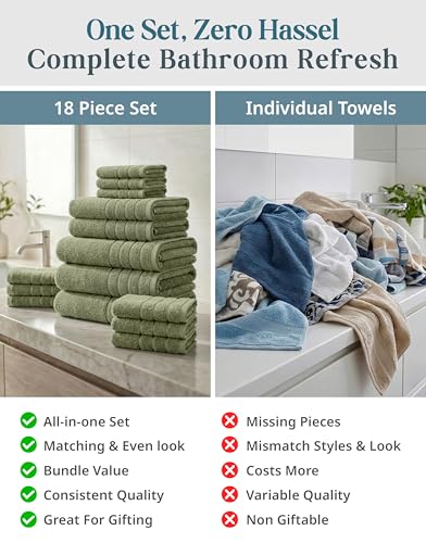 Casa Platino 18-Piece Bathroom Towel Set - Oil Green, Soft Absorbent