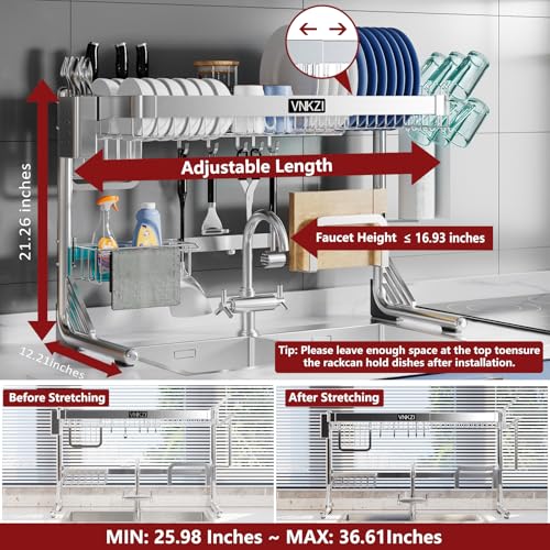 Silver 2-Tier Over Sink Dish Drying Rack - Adjustable Stainless Steel Kitchen Organizer