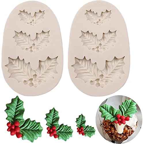 2 pcs Christmas Holly Leaves Silicone Mold Leaf Shaped Fondant Mold Chocolate Dessert Molds for Baking Chocolate Candy Sugar Cake Decorations Polymer Clay, Wax, DIY Sugar Crafts