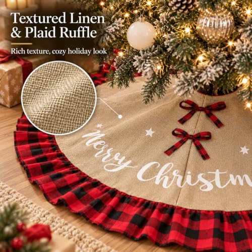AISENO 48in Buffalo Plaid Linen Burlap Christmas Tree Skirt - Red & Black Edge