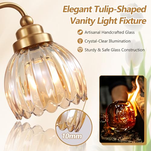 Brushed Gold 3-Light Vintage Vanity Light with Amber Glass Shades - Tulip Amber Variation