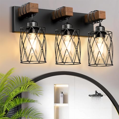 Black Farmhouse Bathroom Vanity Light - 3-Light Wooden & Metal Fixture