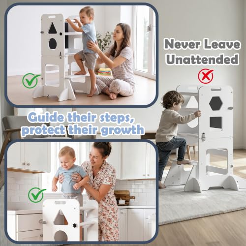 White Toddler Standing Tower with Blackboard & Safety Bar - Wooden Kitchen Helper