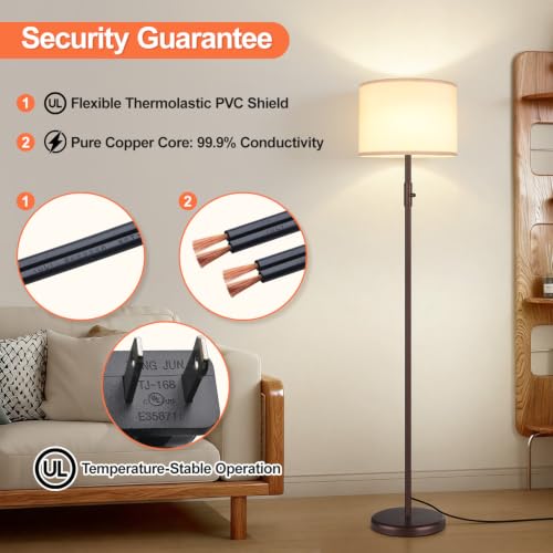 Yemela Upgraded Dimmable Floor Lamp with Linen Shade - Brown-Beige Tall Standing Light for Living Room & Bedroom