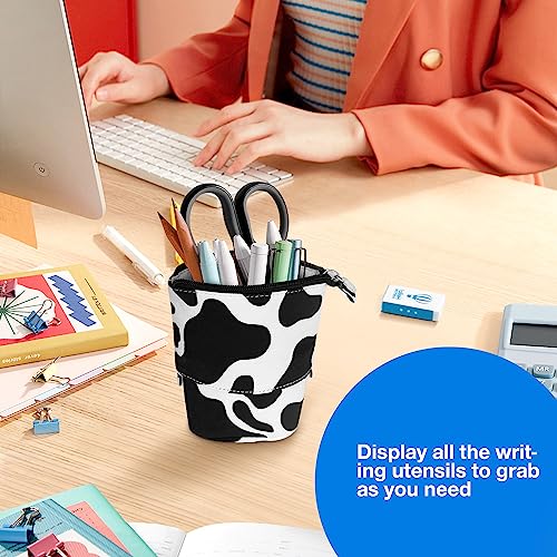 KPX Cow Print Cute Standing Pencil Case for Kids | Pop-Up Canvas Pencil Box & Makeup Pouch