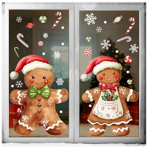 2 Sheets Gingerbread Christmas Window Clings Extra Large Gingerbread Man Window Clings Decals with Snowflakes Candy Xmas Stickers for Home Indoor Winter Party Supplies Holiday Decor 16.9 x 35.4 Inch