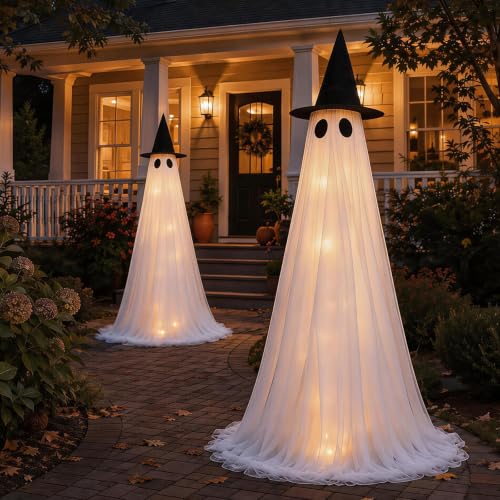 CheerBloom 2 Pack 5 Ft Large Light Up Ghost Decorations - Halloween Outdoor Decor, USB & Battery Powered, Remote Control, 8 Lighting Modes (Variant: 2PK-LARGE-LED-GHOST)