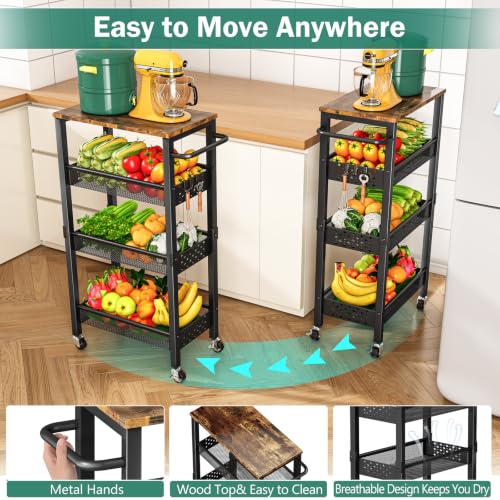 Vivihomety 4-Tier Metal & Wood Slim Rolling Laundry Cart - Black, 8.1 Inch Wide