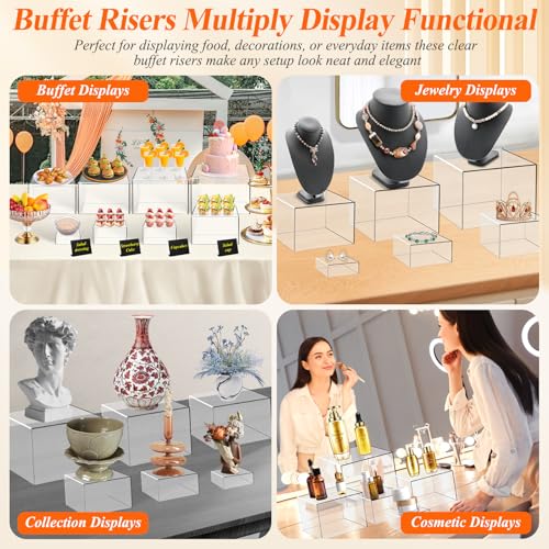 Qinzave 8-Piece Clear Acrylic Buffet Risers Set with Mini Signs, 8 Sizes