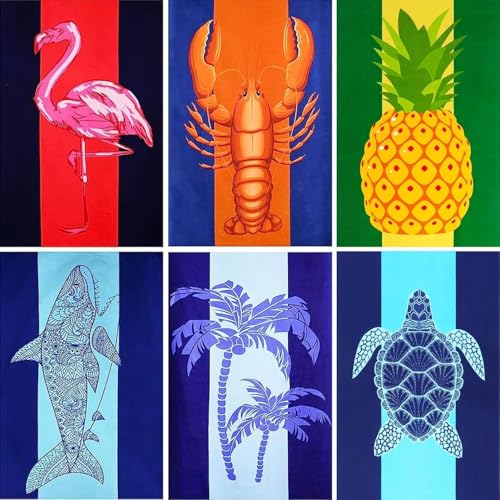 Oversized Beach Towel Set - Flamingo Turtle Shark Lobster Pineapple Tree Design - 36 x 72 Inches, Soft Microfiber, Bulk Pool & Travel Essentials
