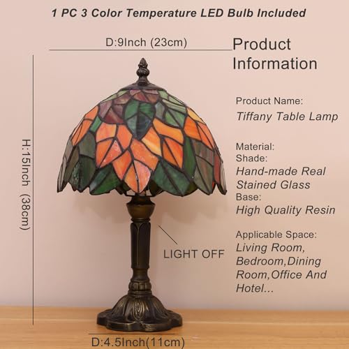 Maple Leaves Tiffany Table Lamp 3-Way Color Temperature Nightstand Light - 9x9x15 Inch
