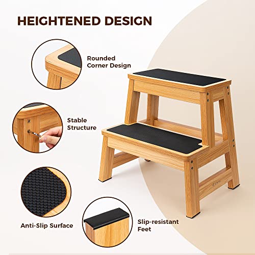StrongTek Wooden 2 Step Stool for Adults, 17.5 Inch, 500lb Capacity, Non-Slip