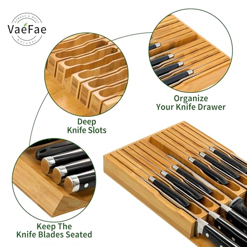 12 Slot Bamboo Knife Drawer Organizer - Universal Kitchen Knife Block with Sharpener Slot