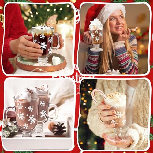 Set of 12 Snowflake Coffee Mugs 8 oz - Christmas Glass Tea & Hot Chocolate Cups