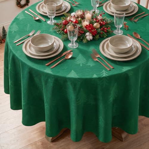 Horaldaily Green Jacquard Round Tablecloth 60x60 Inches for Indoor & Outdoor Use