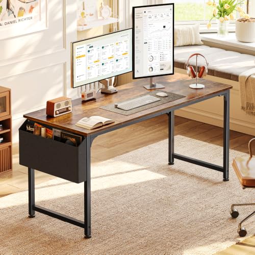 PRAISUN Rustic Brown 55-Inch Computer Desk with Fabric Storage Bag