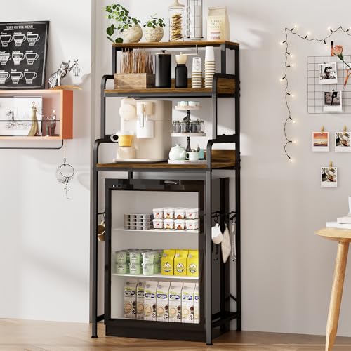 MILEFA Rustic Brown 4-Tier Mini Fridge & Microwave Stand with Side Hooks