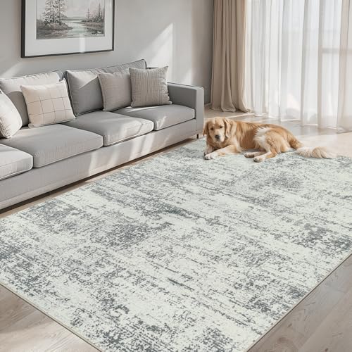 Grey 5x7 Modern Abstract Washable Area Rug - Living Room Carpet