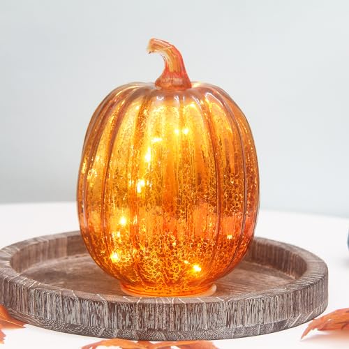 HVTDECOR 8-inch Gold Mercury Glass Pumpkin Lights with Timer - Battery Operated Halloween & Fall Decor