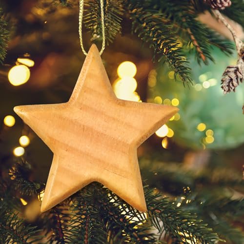 Henoyso 12 Pcs Wooden Star Ornaments - Rustic Christmas Tree Decorations, 2.8 Inches, Wood Grain Variation