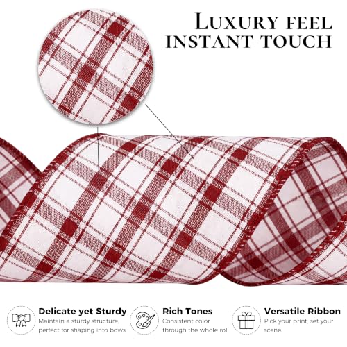 VATIN Red White Gingham Wired Ribbon 4" x 10yd - Christmas Tree & Gift Ribbon - White & Dark Red