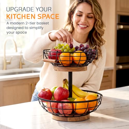Round 2-Tier Fruit Basket with Banana Hanger, Metal & Wood Kitchen Organizer