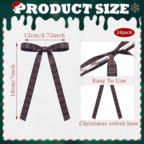 Norme Navy Blue Plaid Christmas Ornaments Bow Set - 24 Pcs Tartan Ribbon Decor